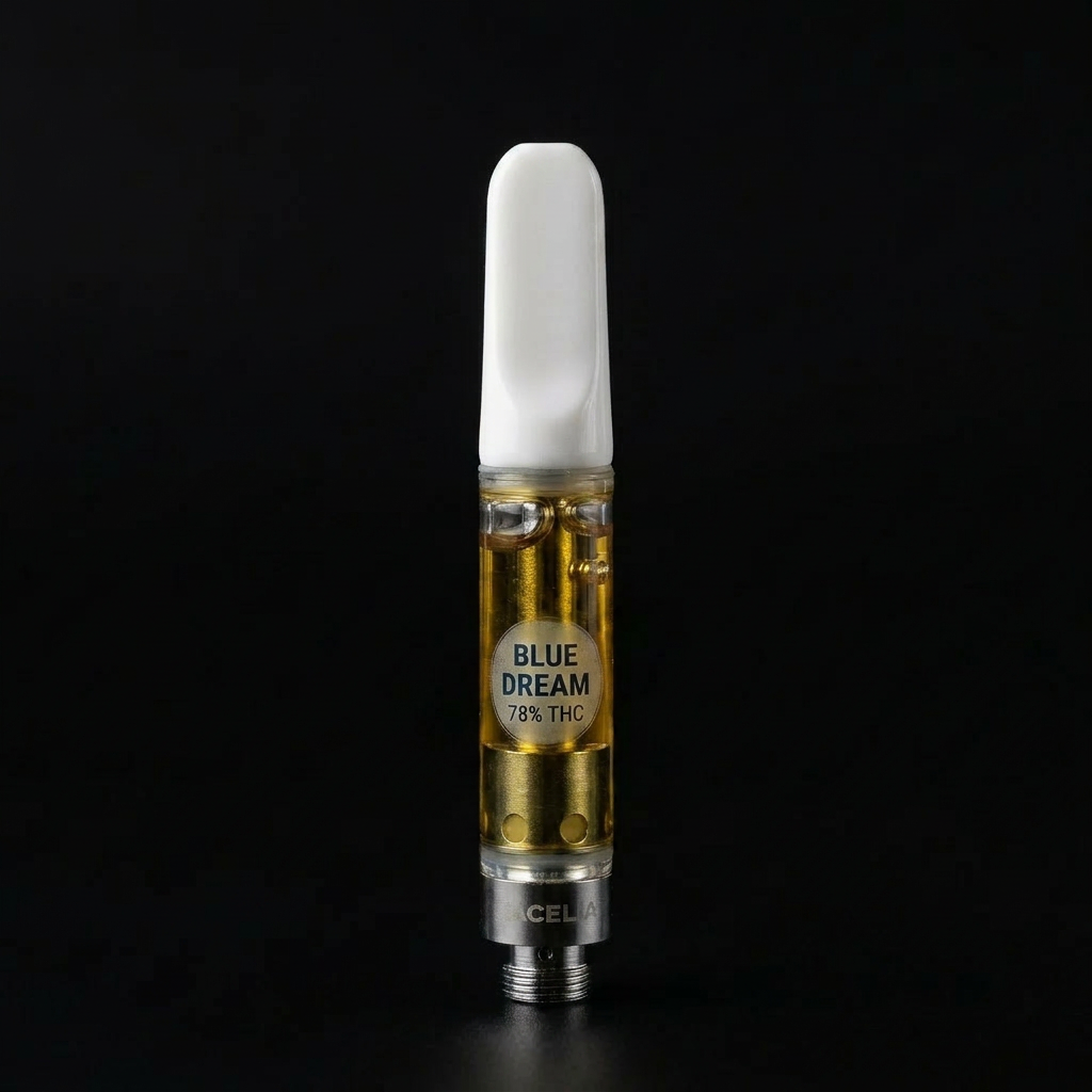 Premium Blue Dream cannabis vape cartridge Sunset Extracts Blue Dream cannabis vape cartridge with 78 percent THC and packaging