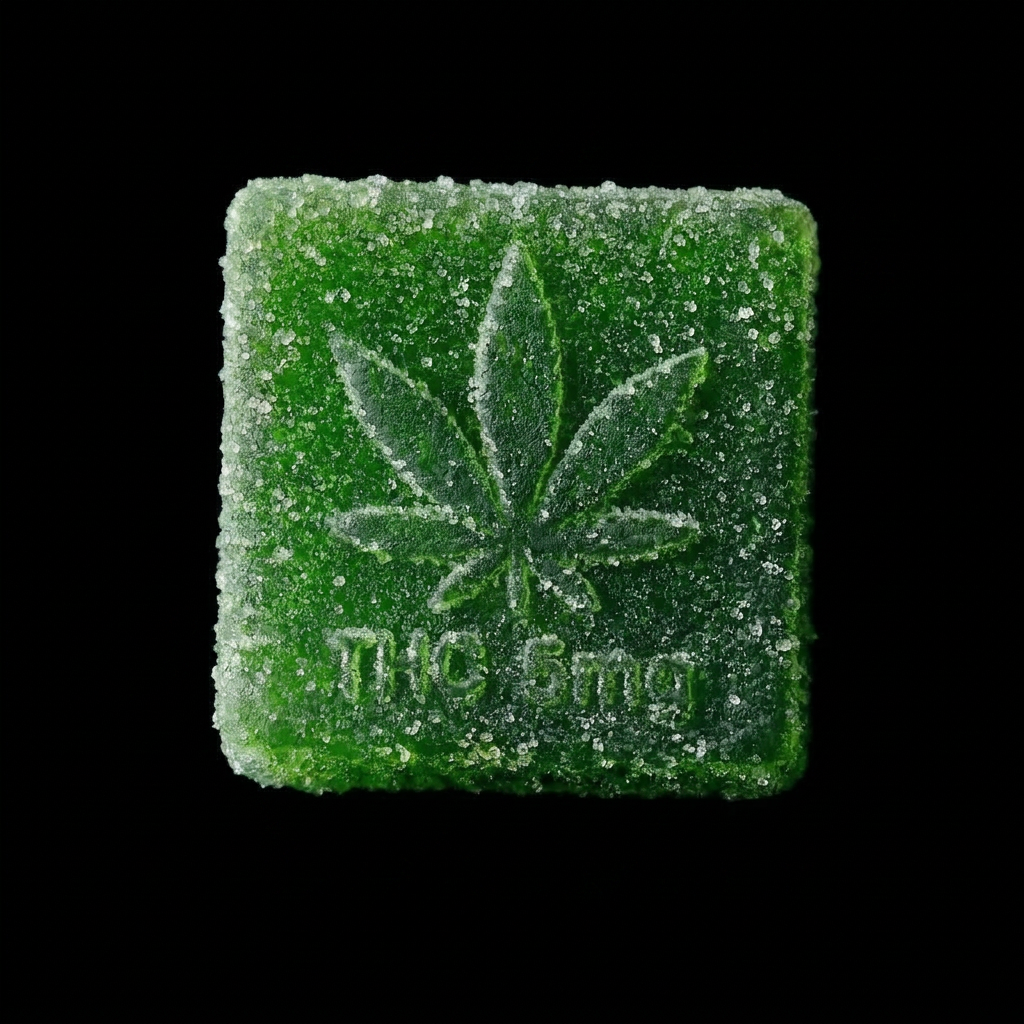 Green cannabis-infused gummy edible Green square gummy candy embossed with a cannabis leaf and THC 10 mg text, coated in sugar